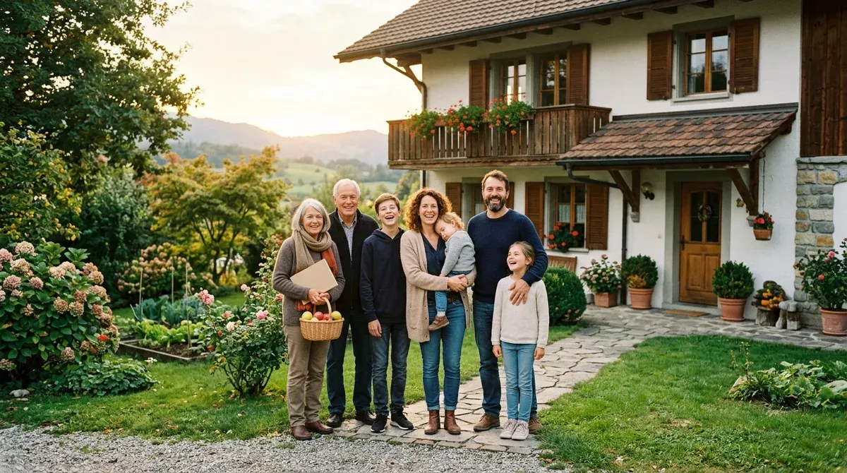 Une famille devant sa maison individuelle avec jardin, en fin d'après-midi en Suisse