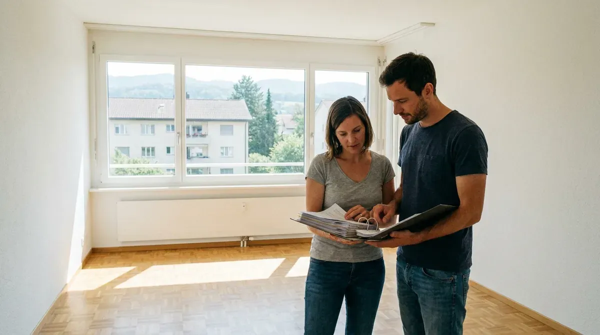 Un couple feuillette des documents de copropriété dans le salon vide d'un appartement à vendre