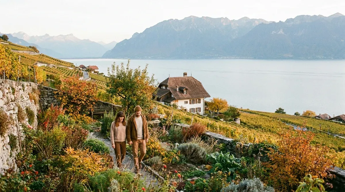 Un couple marche dans le jardin d'une maison individuelle entourée de vignes, au-dessus du lac Léman