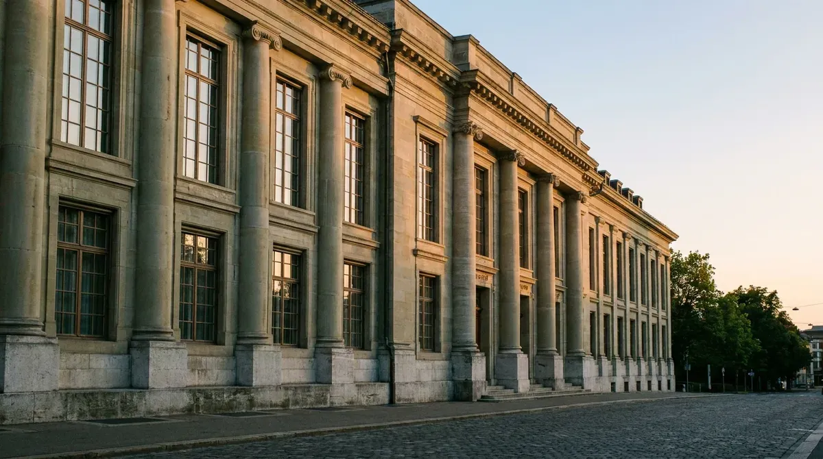 Façade en pierre d'un bâtiment institutionnel suisse en fin de journée, colonnes et fenêtres hautes