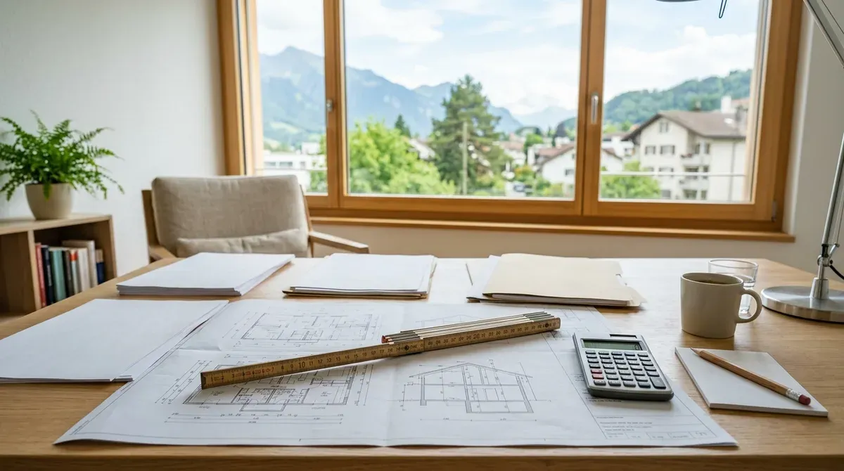 Plans d'un appartement et documents posés à plat sur un bureau dans un intérieur suisse