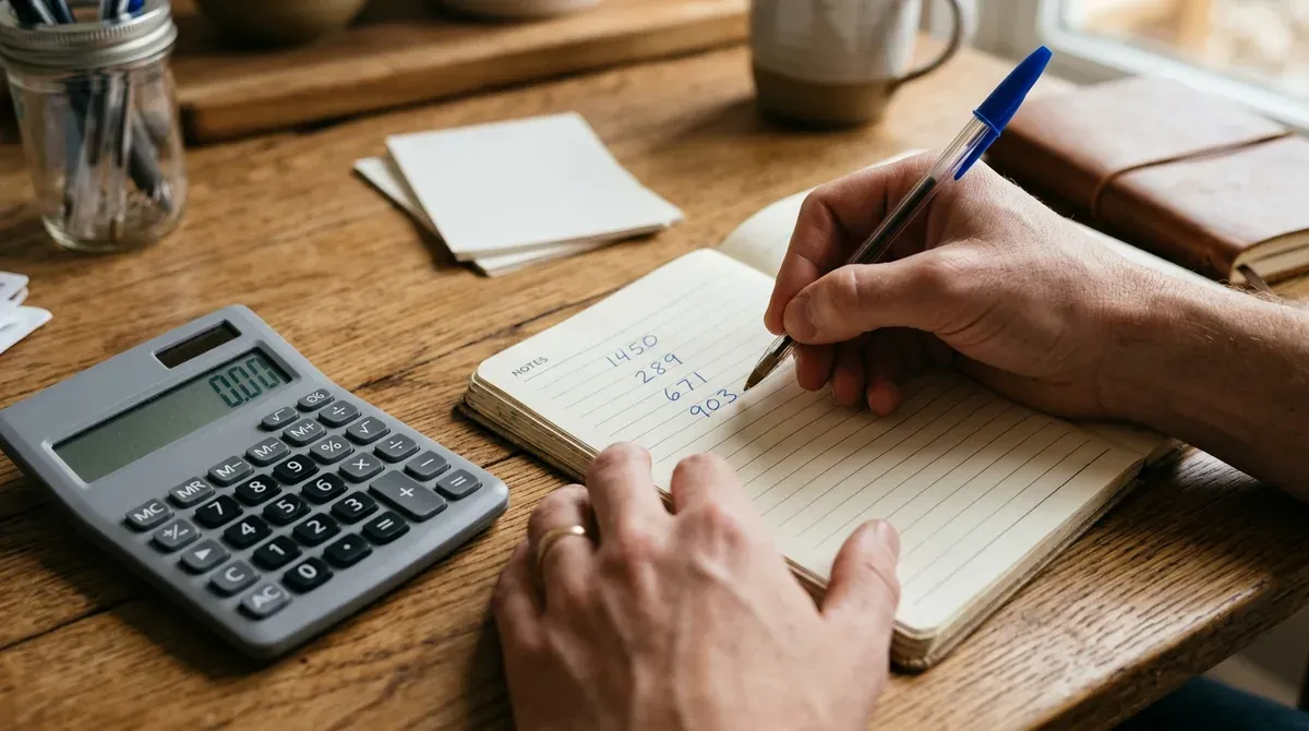 Des mains posent un calcul chiffré dans un carnet à côté d'une calculatrice