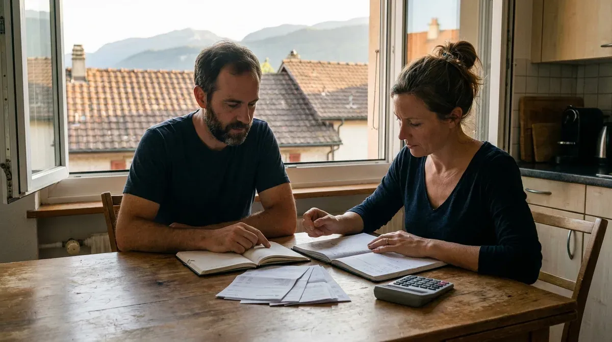 Un couple fait ses comptes à la table de la cuisine, relevés et calculatrice devant eux