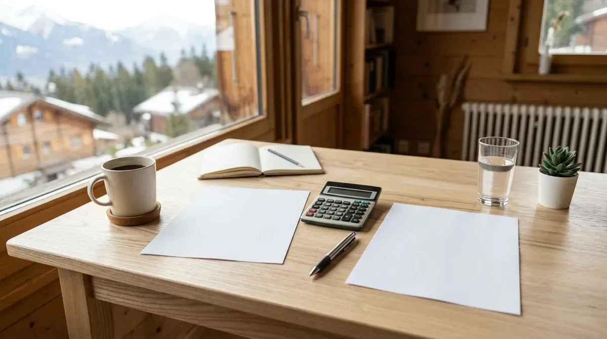 Déclaration de revenus et relevé bancaire posés côte à côte sur un bureau, une calculatrice entre les deux