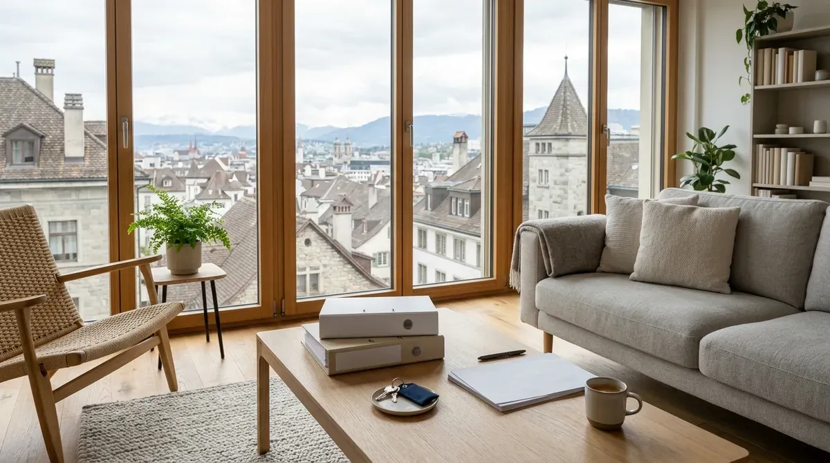 Salon d'un appartement en propriété avec des documents fiscaux posés sur la table basse