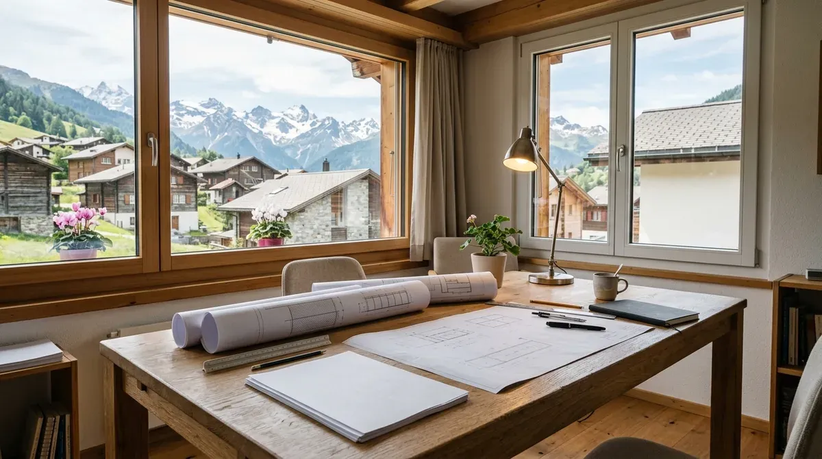 Plans et documents posés sur une table en bois devant une fenêtre donnant sur un village suisse