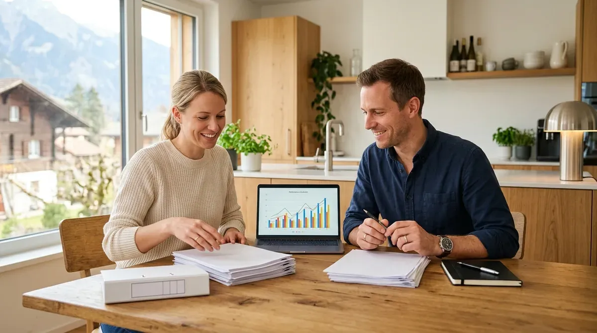 Un couple compare deux offres de financement hypothécaire à la table de sa cuisine
