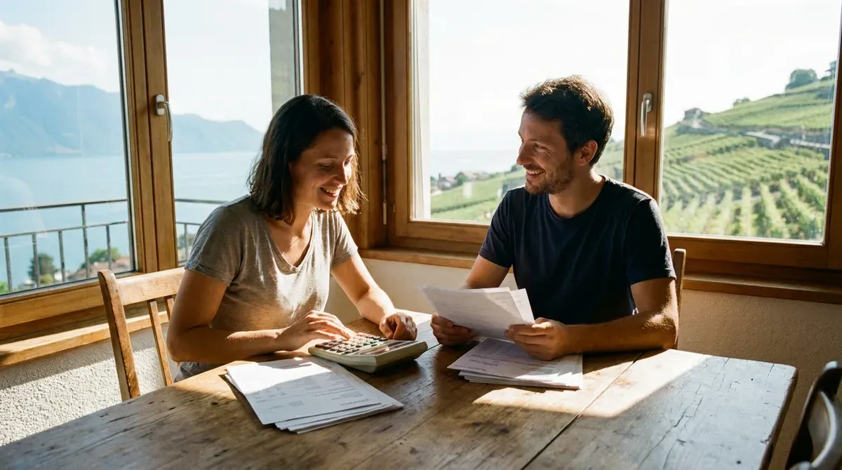 Un couple fait ses comptes à une table en bois, documents et calculatrice devant eux, fenêtres ouvertes sur un lac et des vignes en terrasses