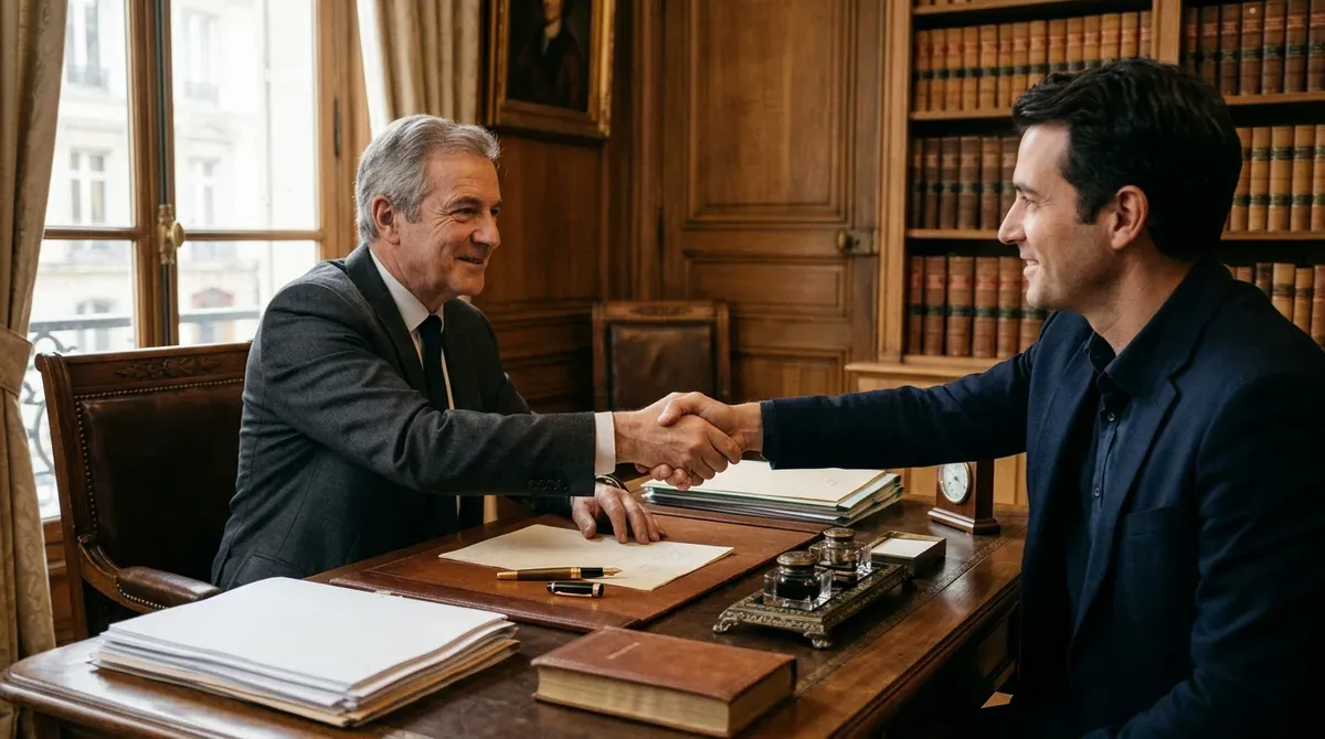 Poignée de main entre un notaire et son client dans une étude notariale