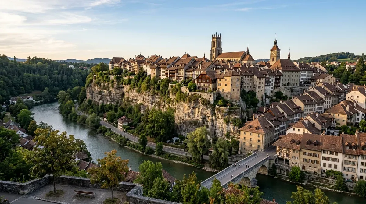 Vieille ville de Fribourg au-dessus de la Sarine, façades anciennes et toits de tuiles brunes