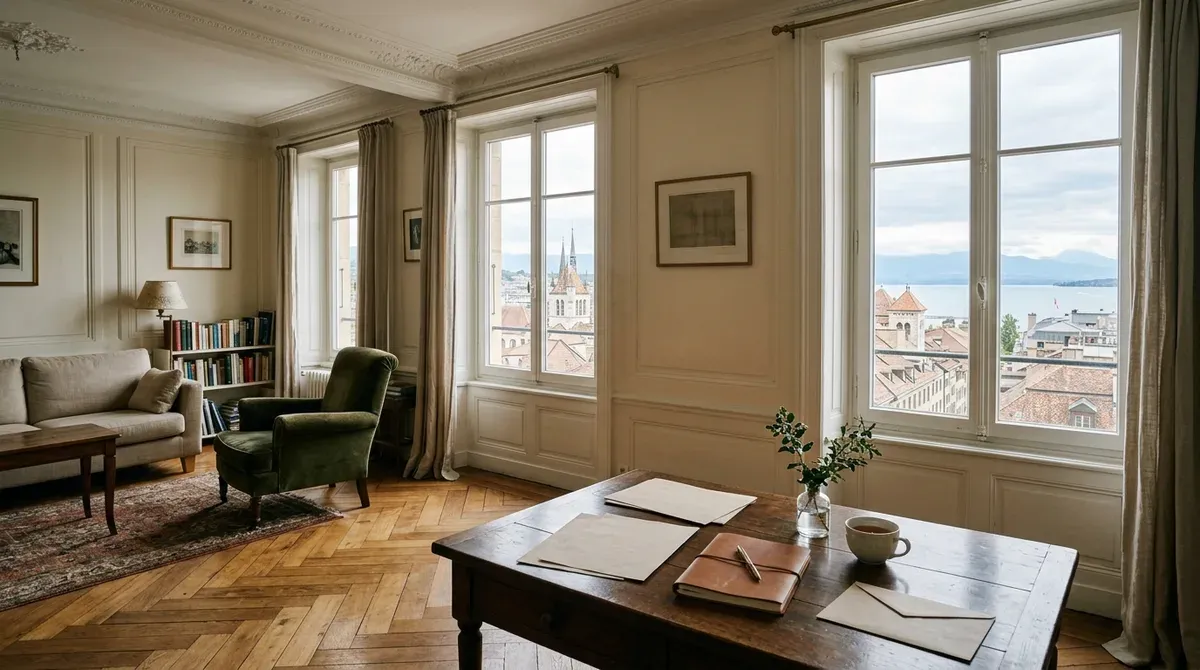 Salon d'un appartement genevois ancien avec parquet, moulures et documents posés sur une table basse