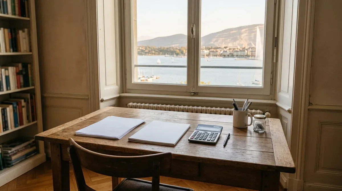 Bureau d'un appartement genevois avec documents fiscaux et calculatrice posés sur la table