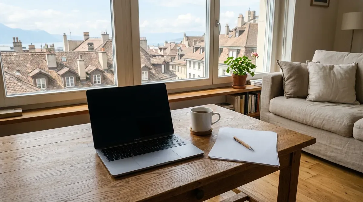 Ordinateur portable et documents posés sur une table de salon dans un appartement suisse lumineux