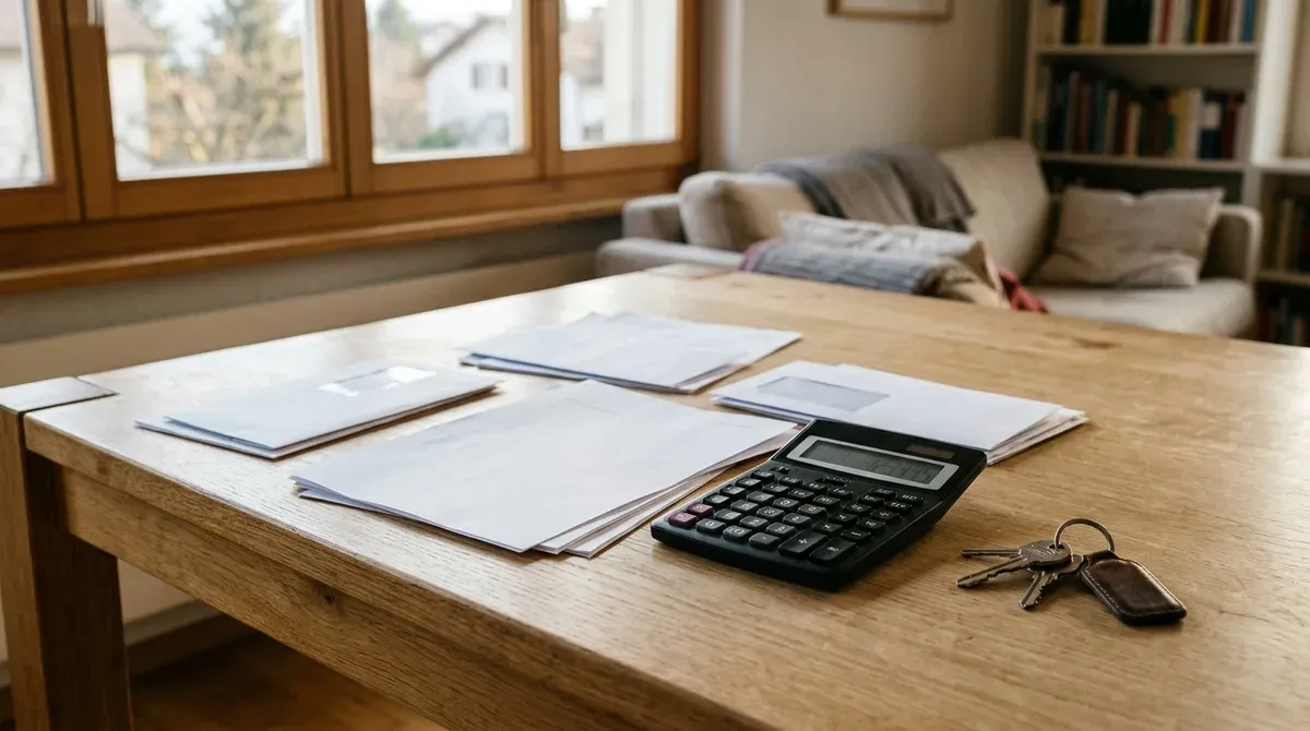 Papiers administratifs et calculatrice posés sur une table de salon suisse