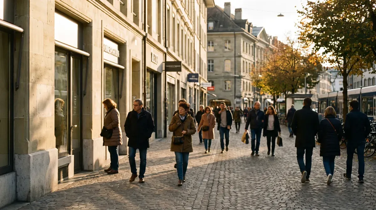 Rue commerçante d'une ville suisse romande en fin d'après-midi, avec des passants devant les vitrines
