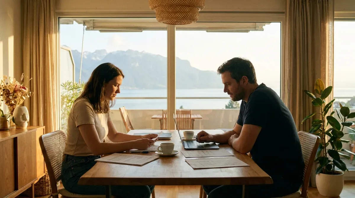 Un couple fait ses comptes à la table d'un appartement lumineux avant de choisir entre louer et acheter