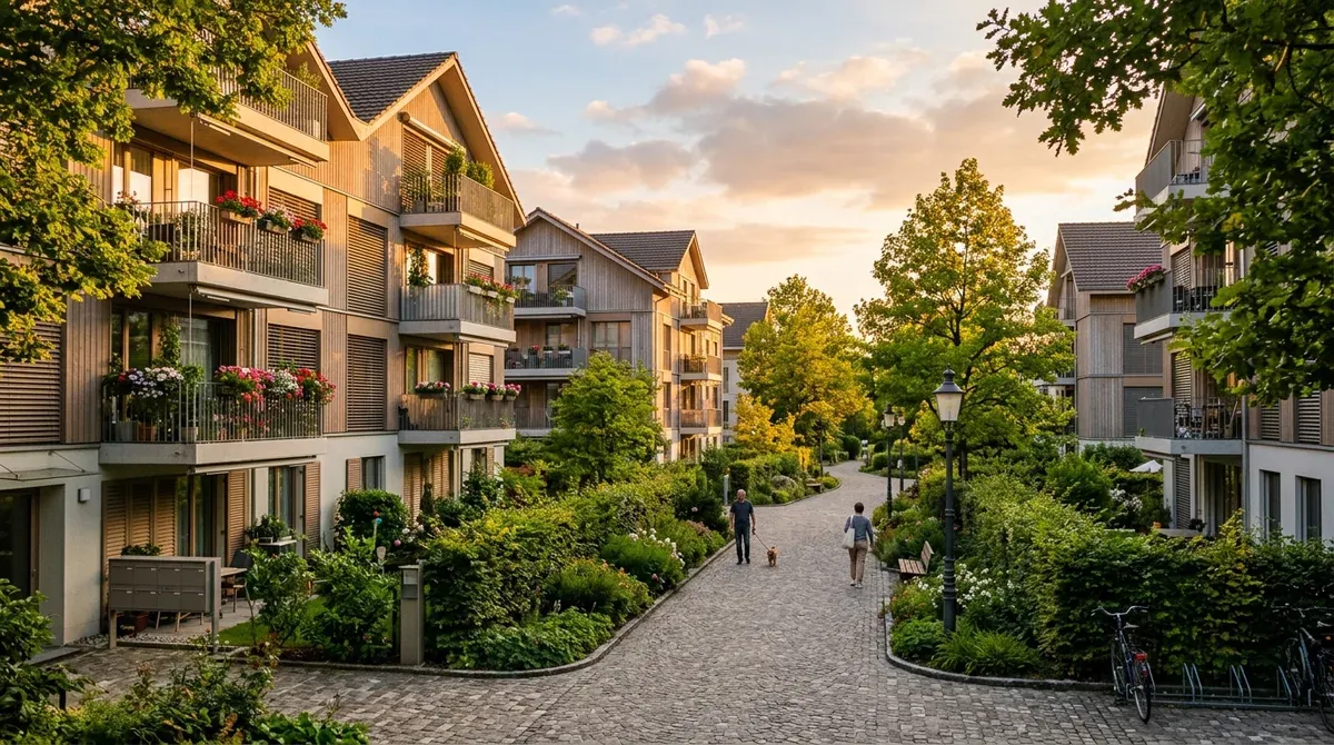 Immeubles d'habitation d'un quartier résidentiel suisse le long d'une allée piétonne, en fin de journée