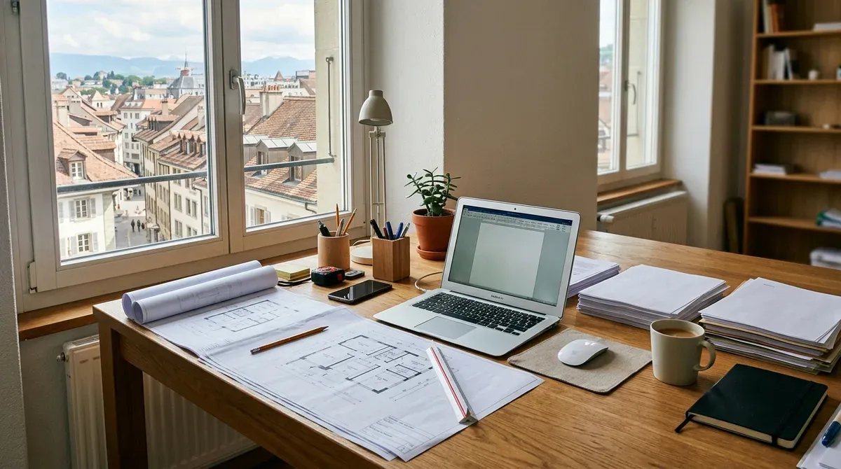 Plans d'un logement et documents posés sur une table de travail dans un appartement suisse