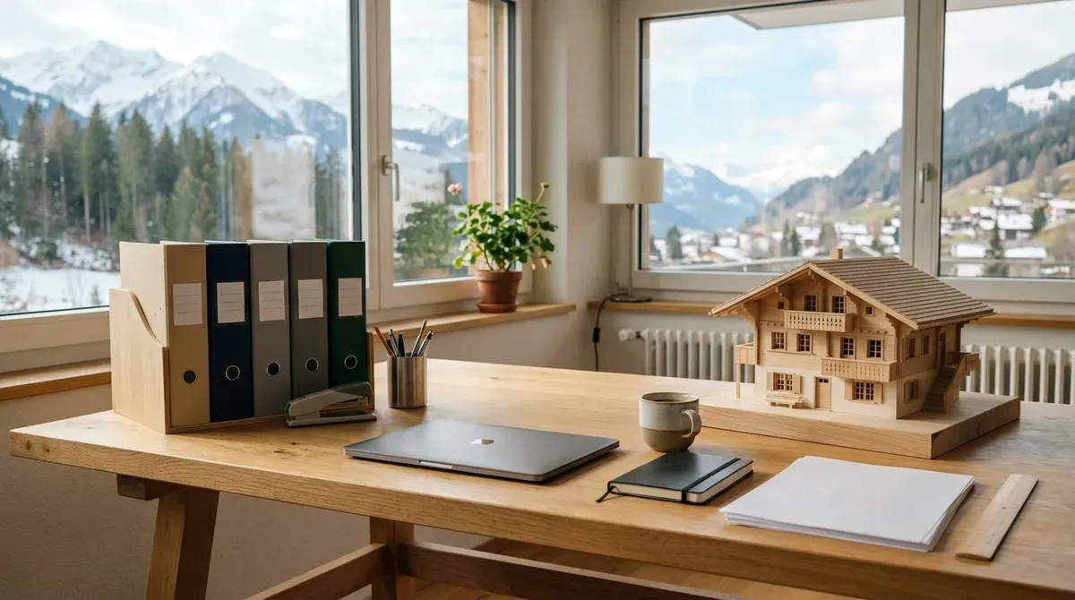 Bureau suisse avec dossiers unis, maquette de maison en bois et ordinateur portable fermé