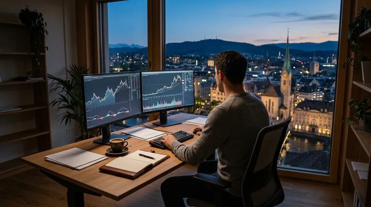 Économiste consultant des courbes de taux sur deux écrans dans un bureau suisse en fin de journée