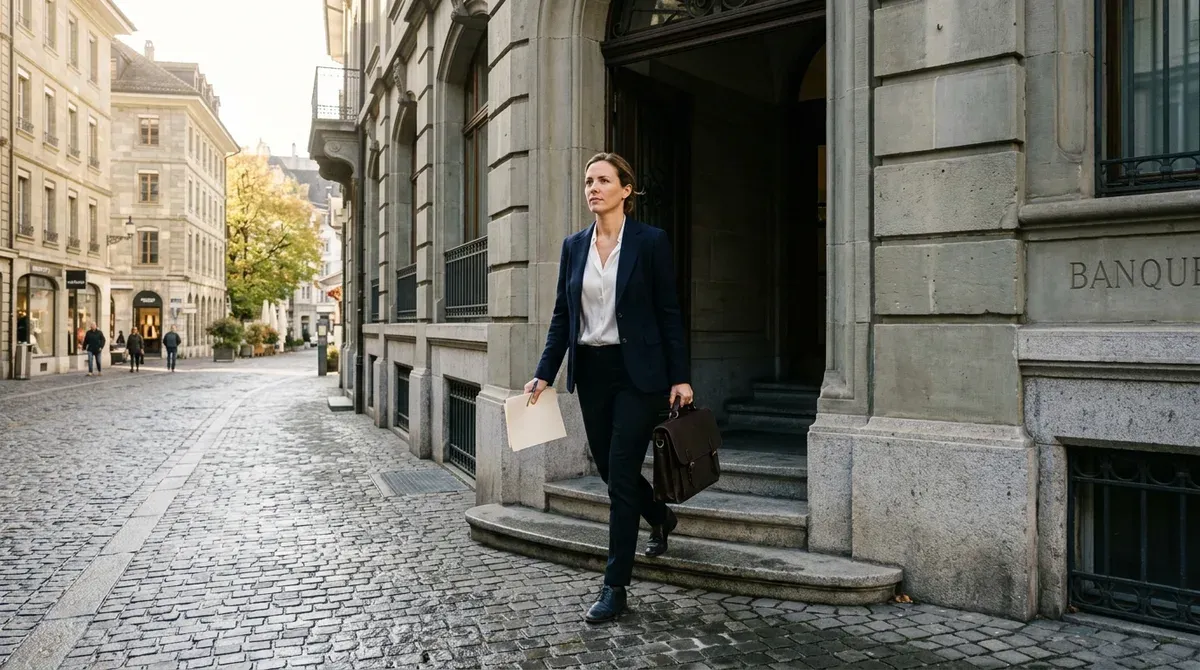 Une propriétaire quitte sa banque, dossier sous le bras, prête à comparer les offres