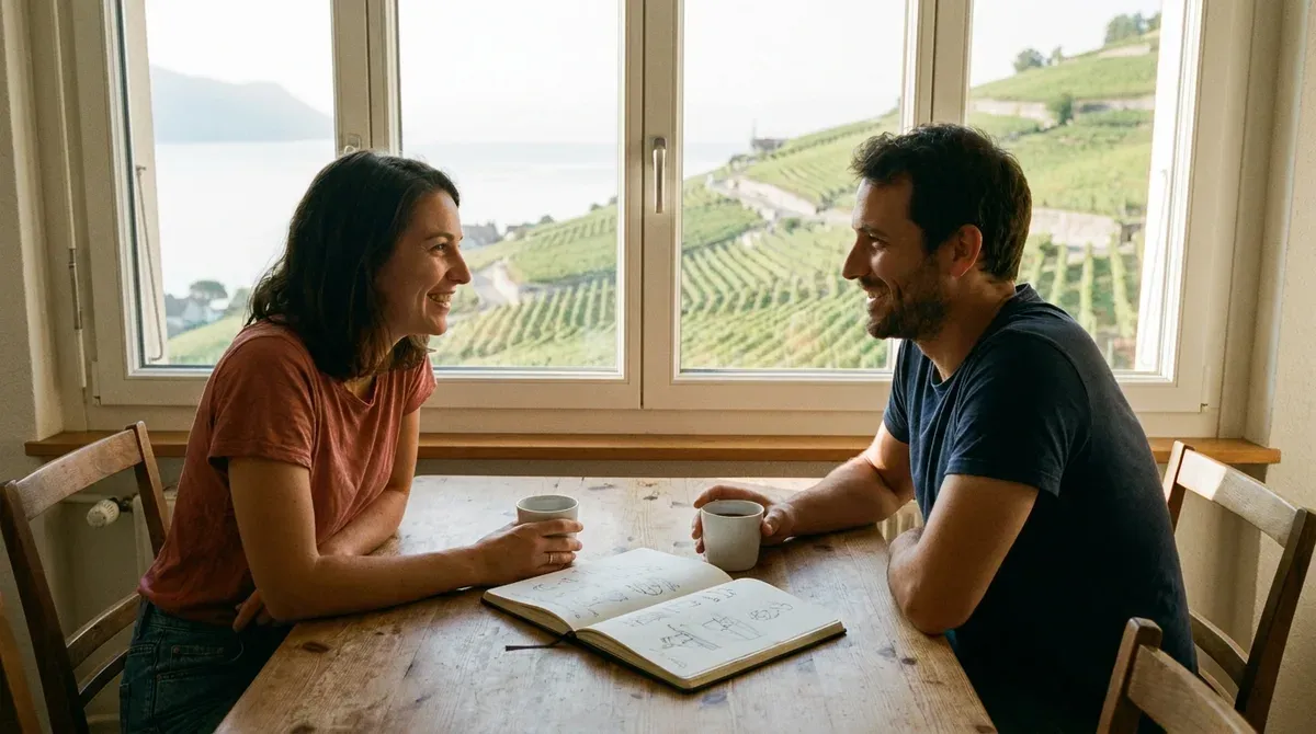 Un couple discute autour d'un carnet ouvert à la table de la cuisine, devant une fenêtre donnant sur des vignes en terrasses au bord d'un lac