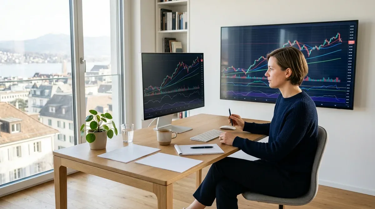 Une personne consulte des courbes financières sur un écran dans un bureau à domicile lumineux