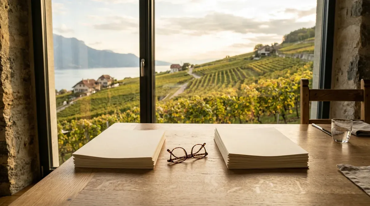 Deux piles de documents posées face à face sur une table à manger suisse