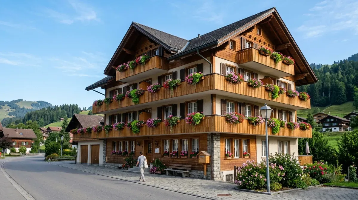 Immeuble résidentiel suisse aux balcons fleuris sous un ciel clair de matinée