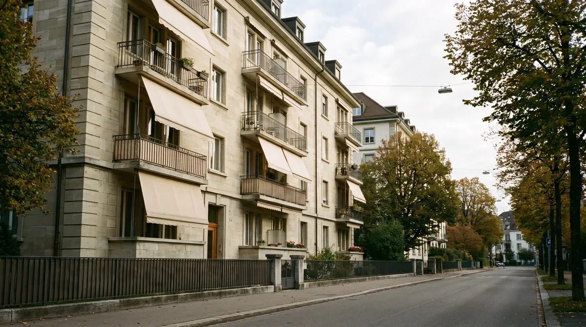 Immeuble résidentiel suisse en pierre claire vu depuis la rue, avec des balcons et des stores en toile