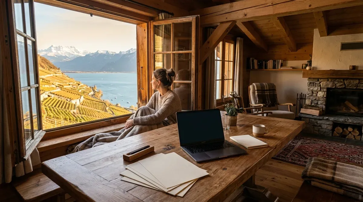 Salon d'un chalet suisse avec des documents posés sur une table en bois devant une fenêtre sur les vignes