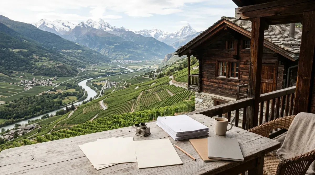 Chalet valaisan en madriers dominant la vallée du Rhône, documents posés sur une table en bois