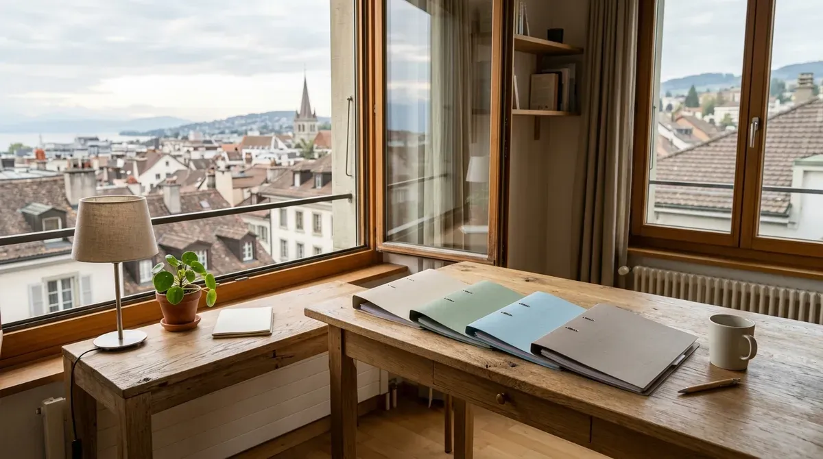 Plusieurs dossiers de documents posés côte à côte sur une table devant la fenêtre d'un appartement suisse