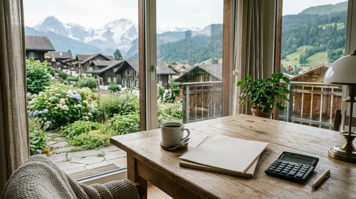 Documents fiscaux et calculatrice posés sur une table de salon devant une baie vitrée donnant sur un village suisse