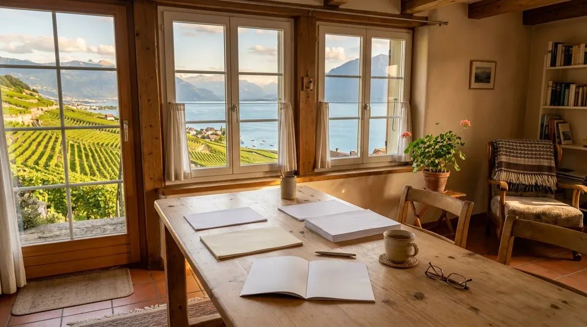 Salon d'une maison vaudoise avec des documents posés sur la table et une vue sur le vignoble