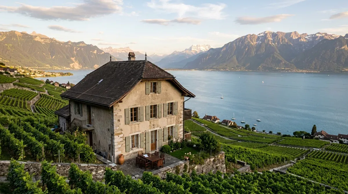 Maison vaudoise entourée de vignes en terrasses au-dessus du lac Léman