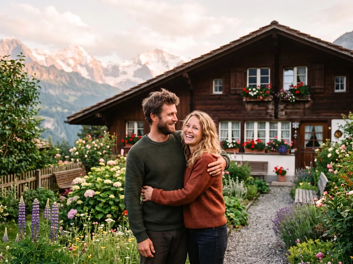 Un couple heureux devant sa maison et son jardin fleuri